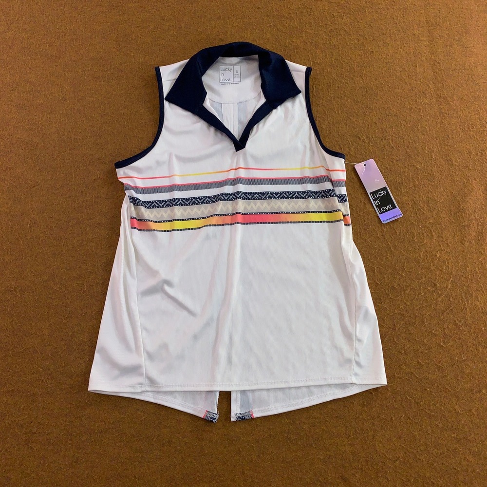 Lucky in Love Womens Small White Vaportex Striped Sleeveless Golf Polo NWT